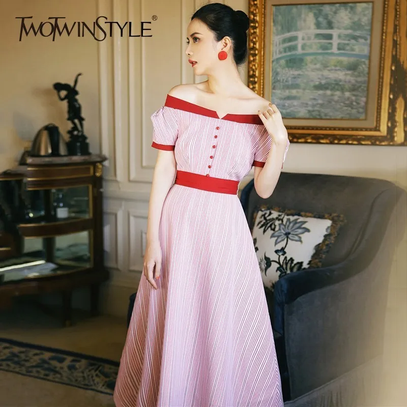 TWOTWINSTYLE Striped Women's Dress Slash Neck Puff Sleeve Tunic High Waist A-Line Midi Dresses Female Summer Vintage Clothes New | Женская
