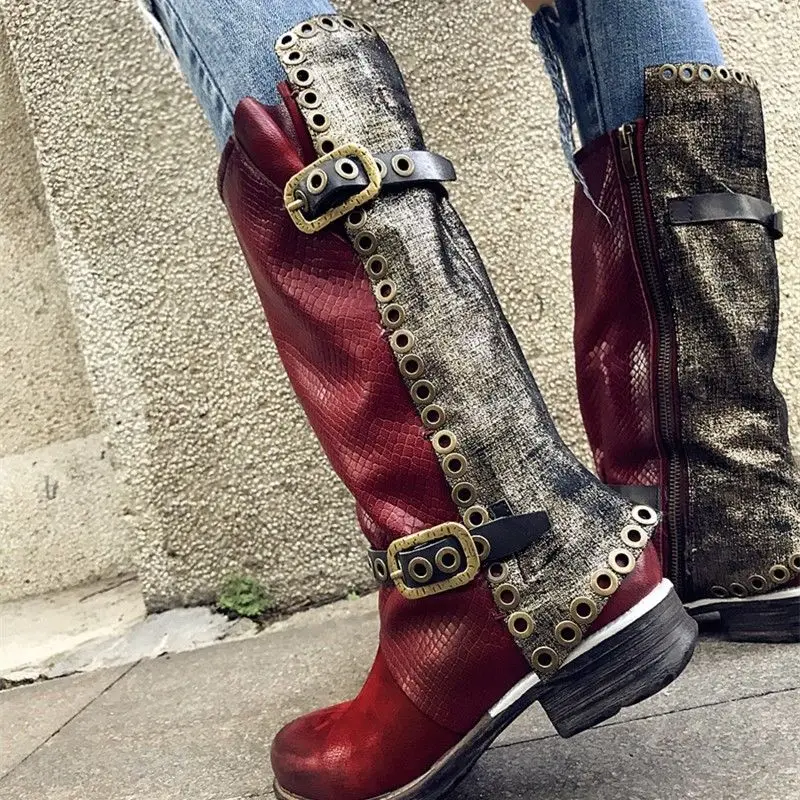 

Chic Occident Women's Splice Genuine Leather Buckle Retro Mid Calf Boots Biker Low Heel Shoes G66