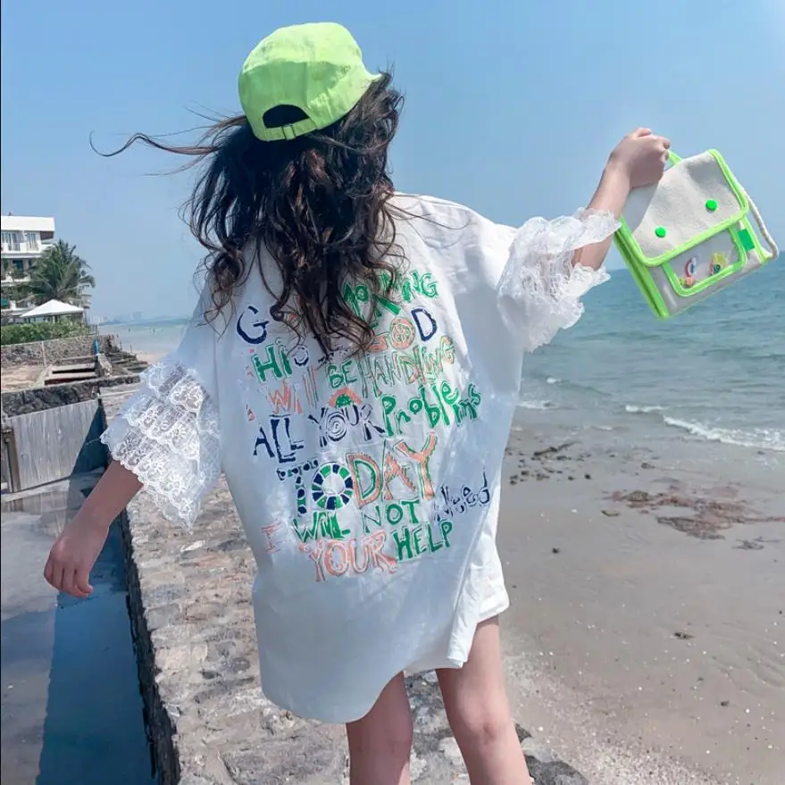 

Teenage girls dress 2019 summer new cotton letter print dress baby girls lace patchwork dress children loose clothes ws609