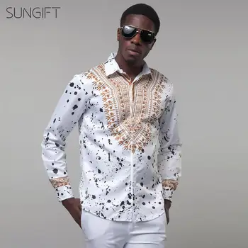 

SUNGIFT African Male Top Long Sleeve Dashiki Ethnic Print Top Buttons Big Size Cardigan Shirt Lapel Collar Fashion Male Shirt