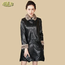 Новое зимнее женское пальто высокого качества Настоящий Лисий Мех Длинное Элегантное Настоящее кожаное пальто Зимняя Длинная Верхняя одежда Пальто из натуральной кожи WK268