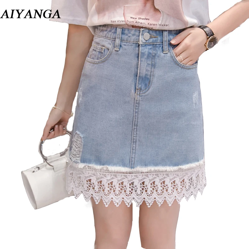 2018 New Patchwork Lace Denim Skirts For Women Package Hip Mini Skirts Summer Slim High Waist