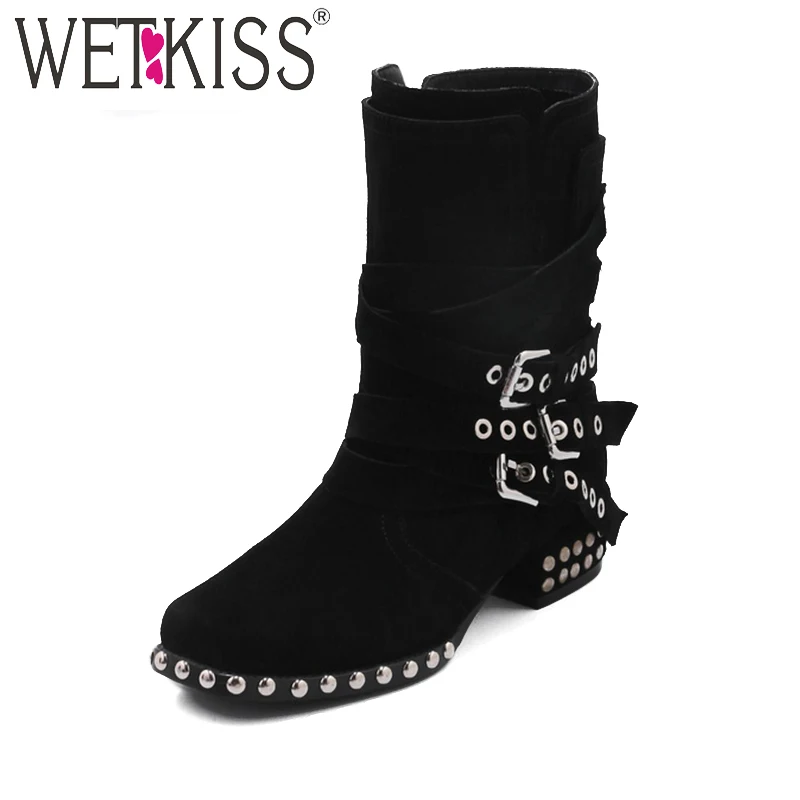 

WETKISS Brand Designer Buckle Strap Ankle Boots 2018 Hot Rivet Motorcycle Boots Autumn Natural Leather Square Heel Women Shoes