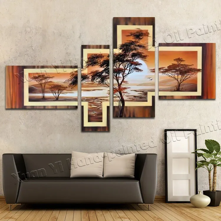 4 Paneles 100 Pintados A Mano Pared Arbol Elegante Montana Bosque