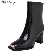 BuonoScarpe/женские теплые зимние ботинки; Черные ботильоны в байкерском стиле с металлическим квадратным носком на высоком каблуке; Botas Mujer; коллекция года; обувь из лакированной кожи