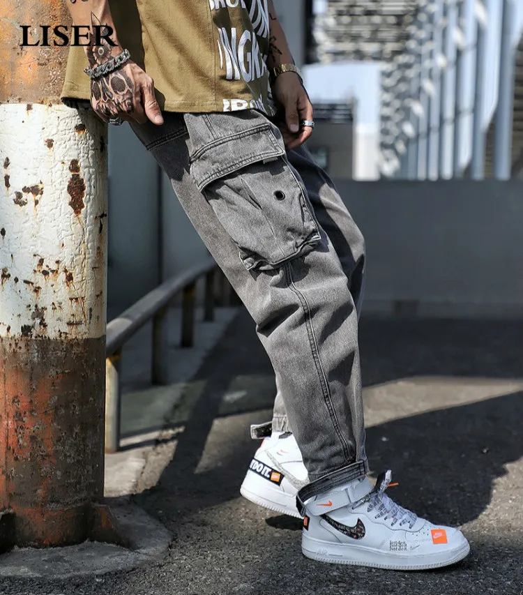 

LISER 2019 Jeans Pants Men Streetwear Sweatpants Pantalones Hombre Pocket Denim Pants Men Hip Hop Mens Jeans