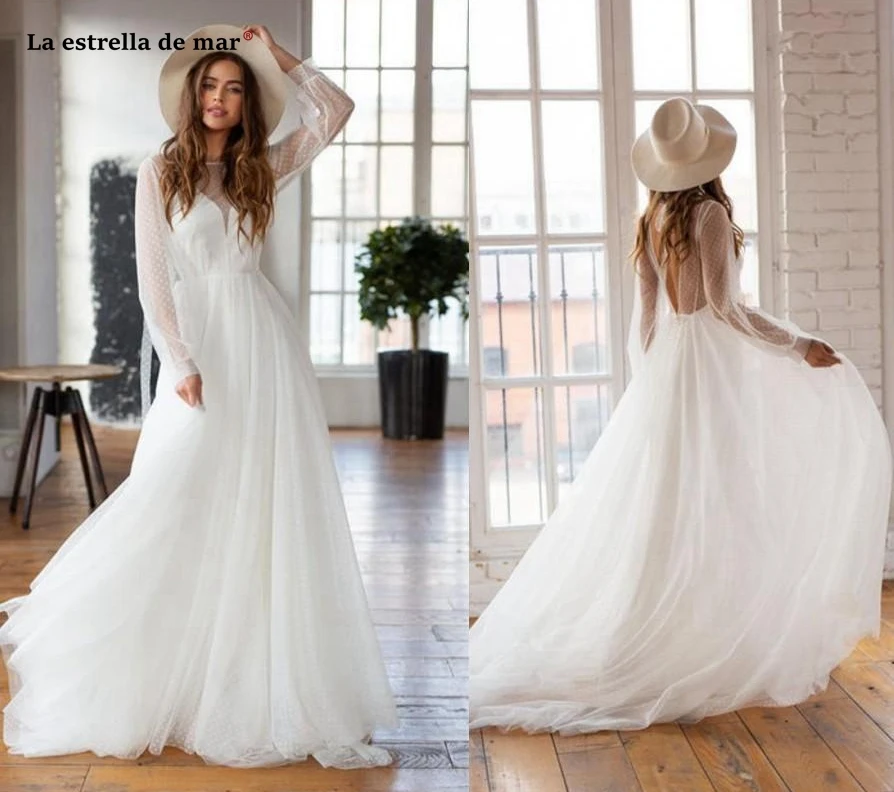 Vestido novia boho Новое кружевное свадебное платье трапециевидной формы с длинным рукавом цвета слоновой кости, Пляжное свадебное платье sukienka slubna