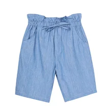 Pioneer kids/летние джинсовые шорты для девочек с высокой талией и рюшами; Узкие детские джинсы; однотонная модная повседневная одежда; EDK910042