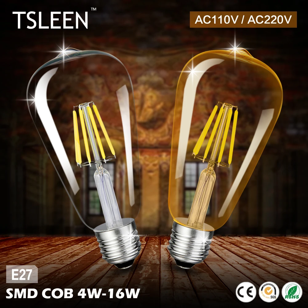 Led bombilla de luz st64 oro lámpara led e27 vintage edison filamento de la bombilla led de potencia de la lámpara de ahorro de energía para el hogar decoración lámparas Led bombilla de luz st64 oro lámpara led e27 vintage edison filamento de la bombilla led de potencia de la lámpara de ahorro de energía para el hogar decoración lámparas