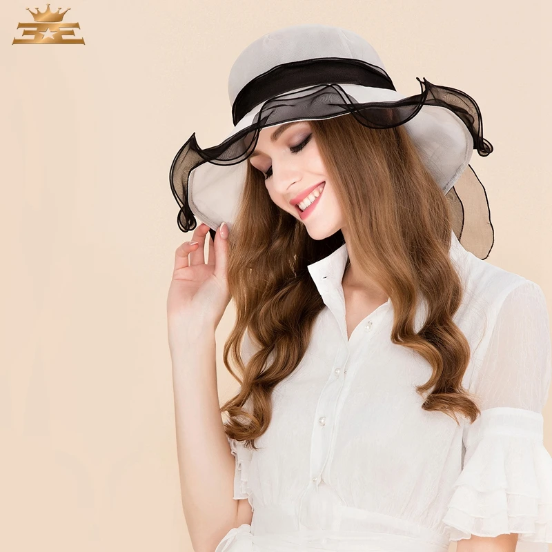 

Fedoras Hat Wide Brim Women Nature Silk Fashion Sun Cap Female Floppy Beach Visors Cap Students Outside Organza Cap B-8200