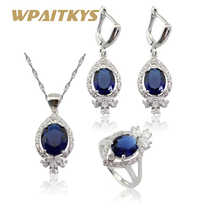 

Blue Red Black Green Stones Silver Color Jewelry Sets For Women Christmas Gift Necklace Pendant Earrings Rings Free Box
