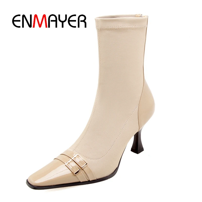 

ENMAYER Women boots women pointed toe zipper ankle boots botas mujer buckle thin heel ankle boots Size 34-39 ZYL1079