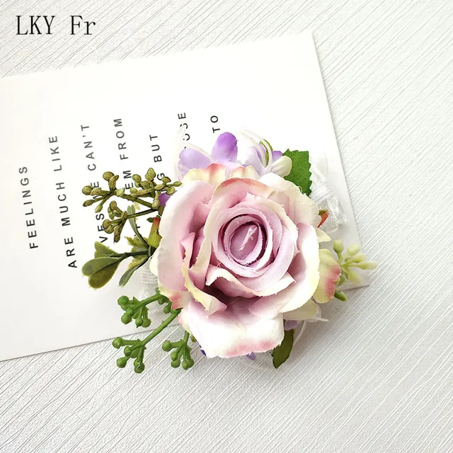 LKY Fr Boutonniere Flowers Corsage Pin Boutonniere Buttonhole Men Wedding Bracelet Bridesmaid Wedding Buttonhole Witness Corsage Purple Bracelet