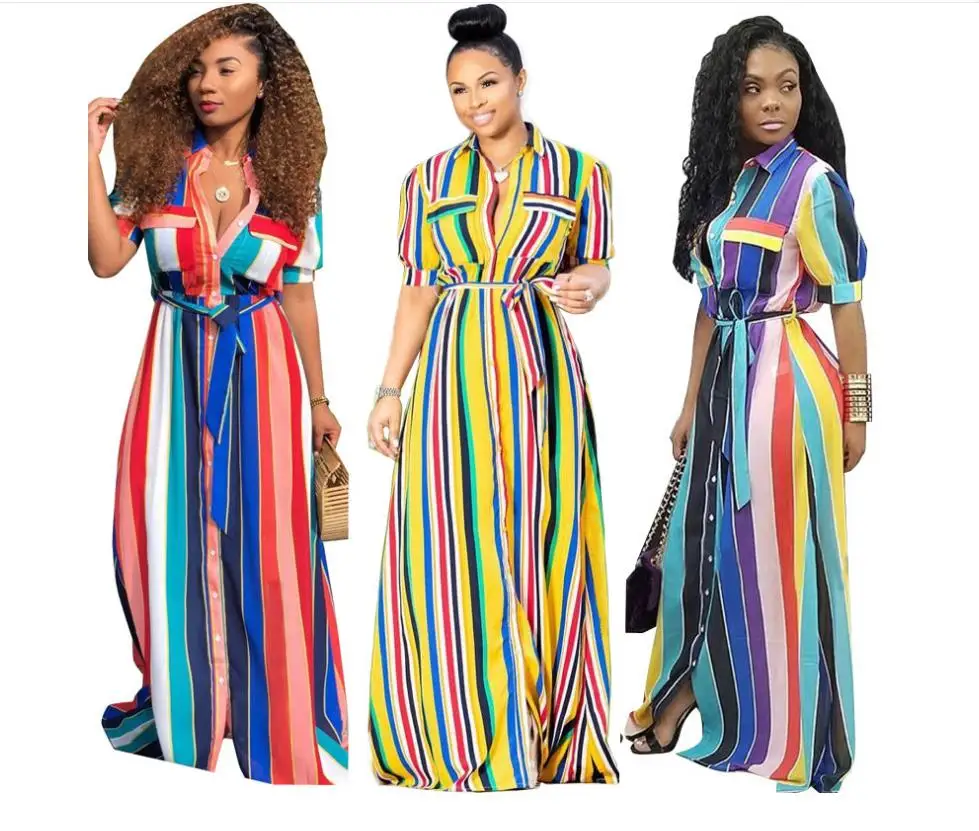 

New fall/winter 2018, African fashion, Dashiki daxi, women's casual striped printed long shirt dress, multicolor, multi-size