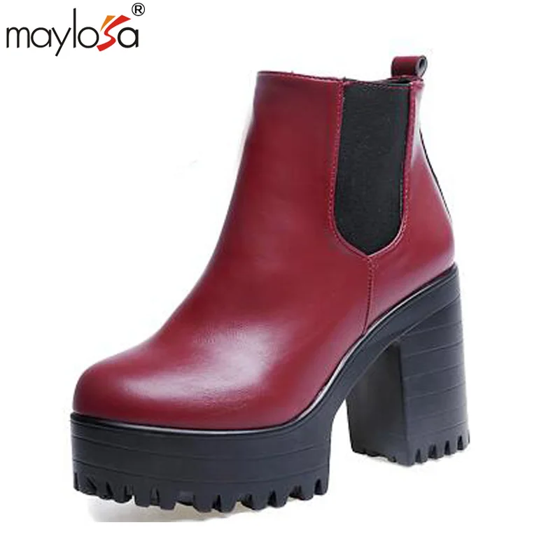 ФОТО 2016 Shoes Women Winter Boots Casual Platform Square Heel Booty Paint Leather Footwear Fashion Motorcycle Boots Women Pump Shoes