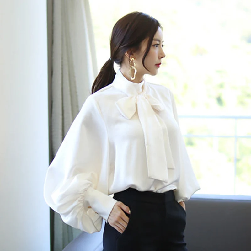 Весенняя женская блузка в Корейском стиле, Офисная Женская белая шифоновая рубашка с длинным рукавом-фонариком и бантом, Повседневная Свободная блузка со стоячим воротником T81239A - Цвет: White