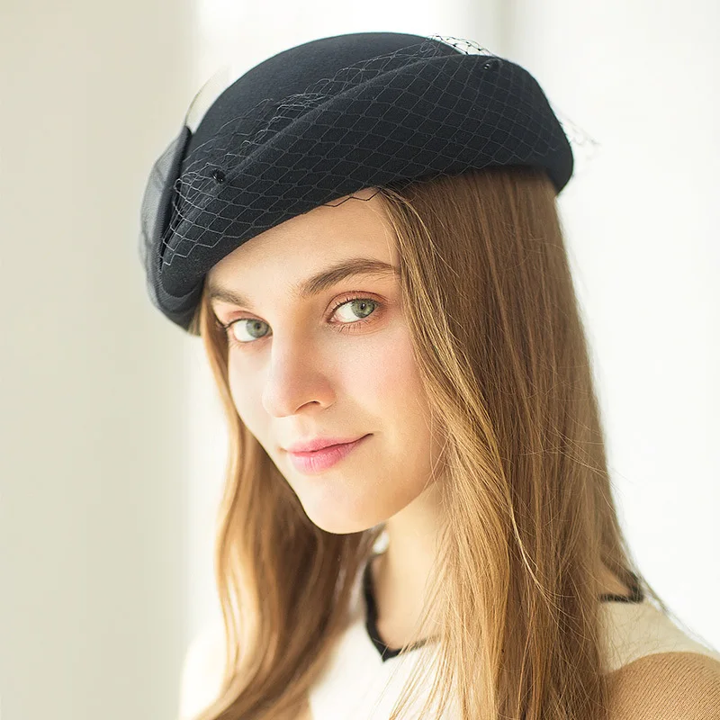 

Lady New Fedoras Wool Hat Girls Winter Beret Caps Female Fashion Leisure Warm Wool Hat Gauze Stewardess Party Hats Adjust A96