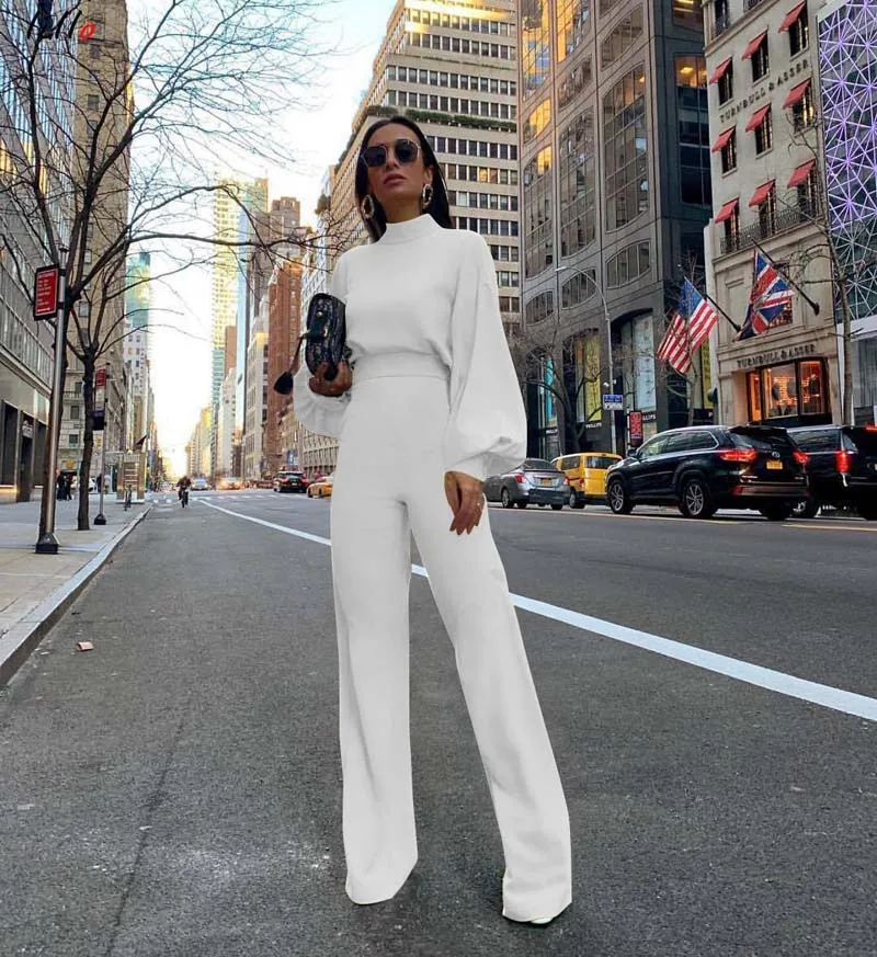 High Street Boot Cut Spring and summer new half-high collar lantern sleeves simple and elegant OL wind jumpsuit fashion temperam