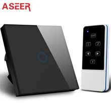 ASEER,EU Standard 1 Gang 1 Way Remote Control Touch Screen Smart Wall Switch 600W Luxury Black Crystal Waterproof Glass Cover