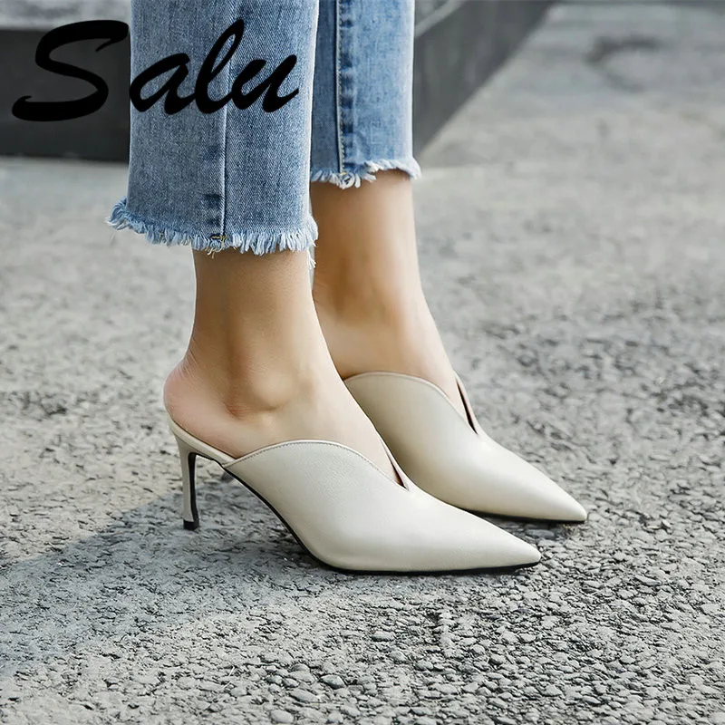 

Salu Large Size 33-43 sandals Fashion Shallow Thin High Heels Solid Explosion Shoes High Quality Cow Leather shoes
