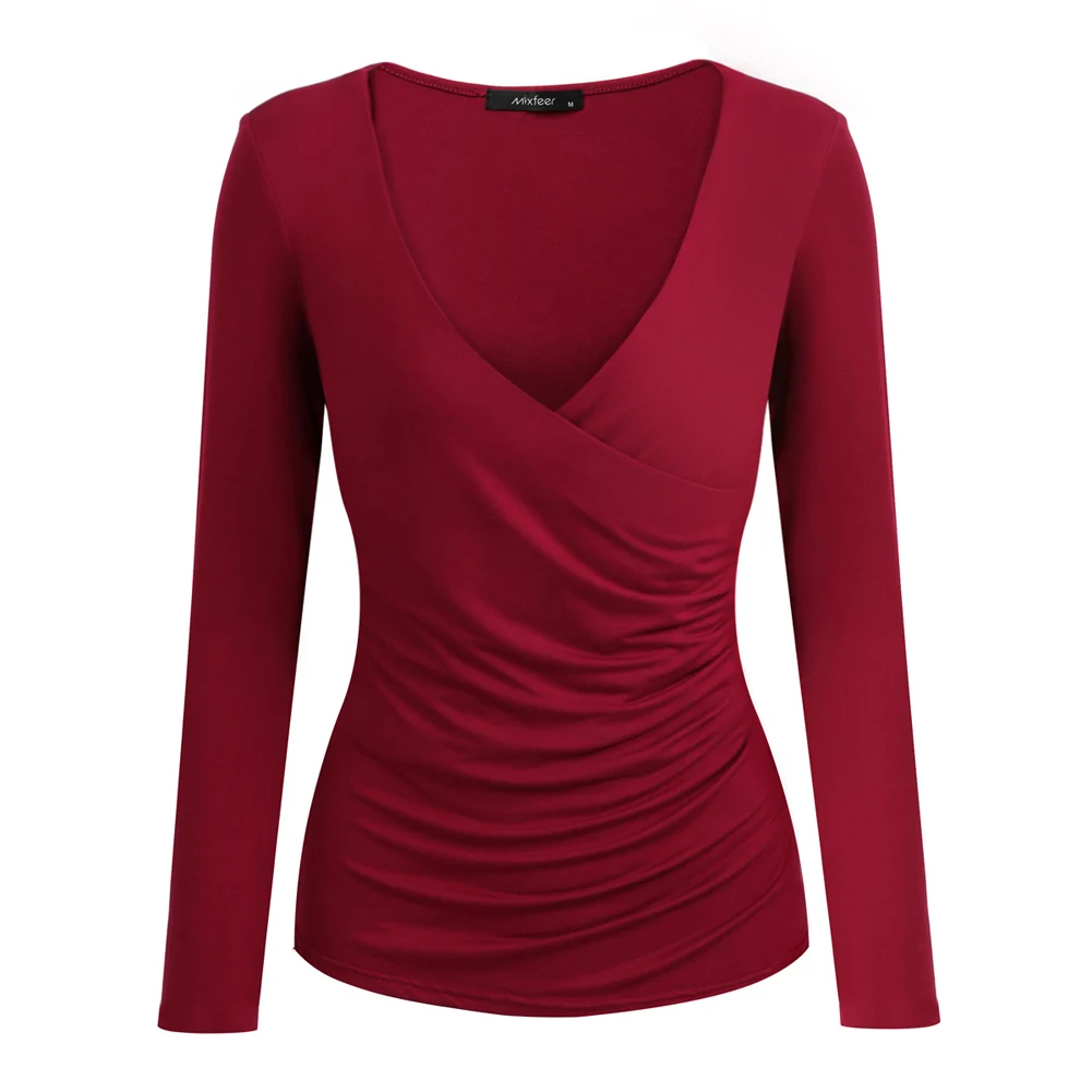 

Sexy Modal T Shirt Female Deep V Neck Cross Front Ruched T-Shirt Women Long Sleeve Pullover Wraparound Slim Tee Tops Black