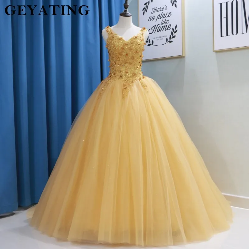 

Gold Yellow Ball Gown Quinceanera Dresses 2019 Vestidos de 15 debutante 3D Dlowers Appliques Corset Sweet 16 Prom Party Gowns