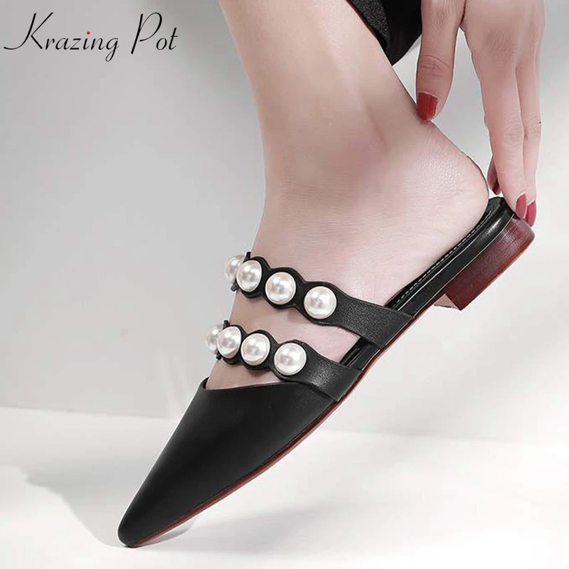 

Krazing Pot new brand slip on genuine leather pointed toe low heels summer slipper string bead pearl preppy style lazy mules l59