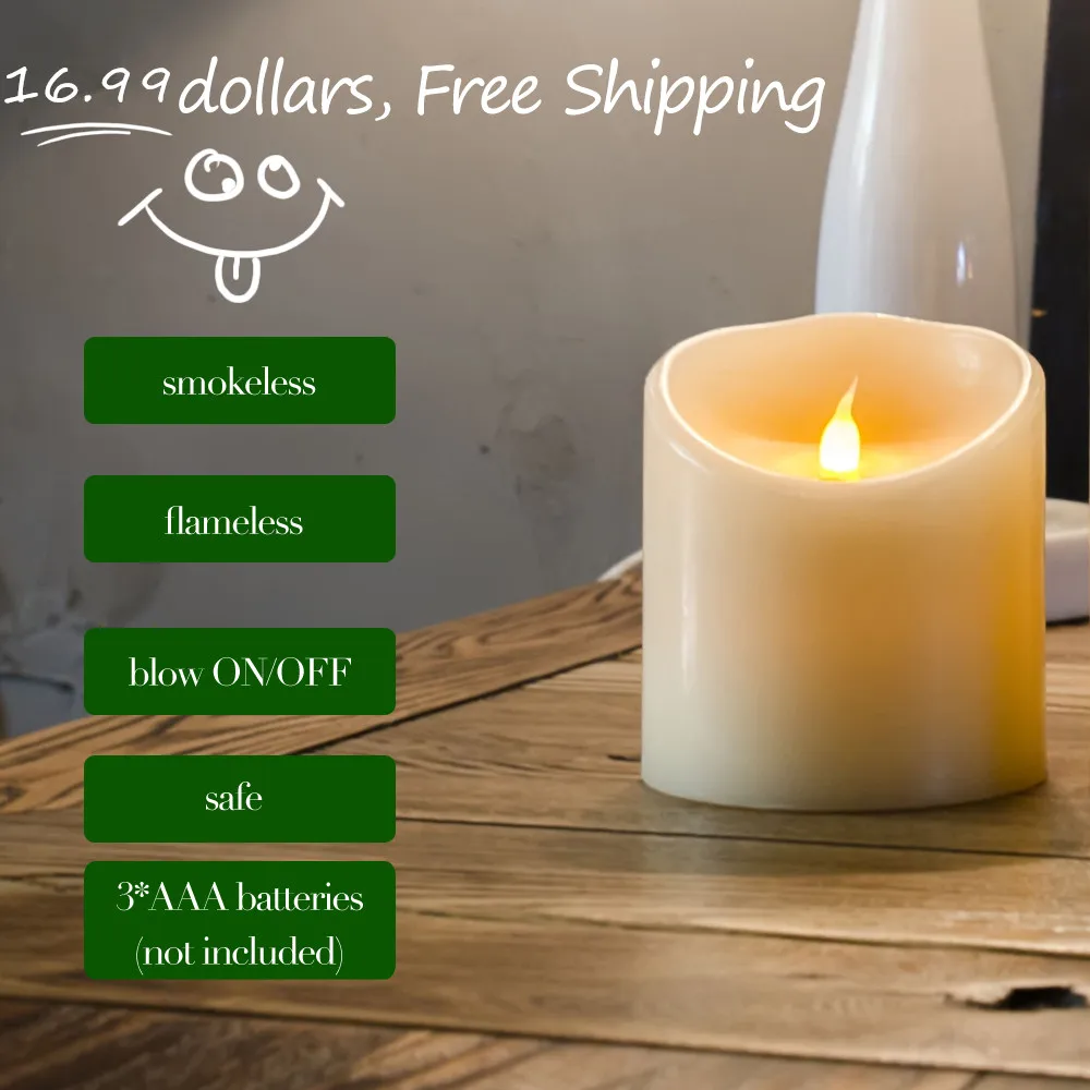 Free Shipping Led Wax Candles Blow On/off,flameless Wax Pillar Candles