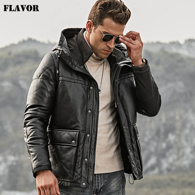 Men’s Real Leather Down Jacket Men Genuine Lambskin Winter Warm Leather White Duck Down Coat with Removable Hood