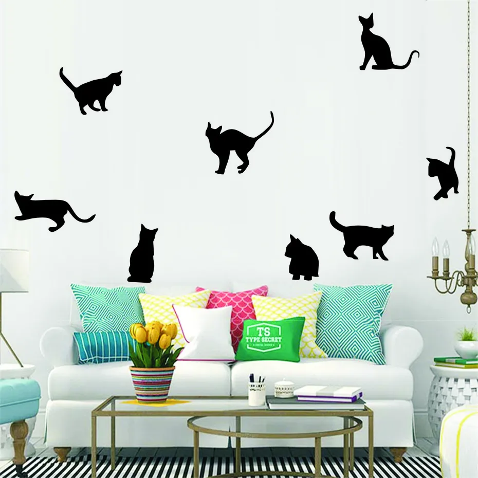 Lovely 9 Black Cute Cats Wall Stickers Cat Animals Wall Decals Girls Vinyl Home Decor Living Room Children Room Art Murals