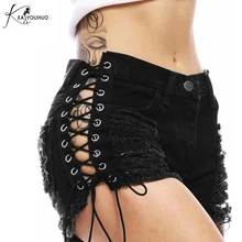 Женские модные летние джинсовые шорты с кисточками для женщин черные рваные короткие джинсы с высокой талией эластичные кружевные повязки шорты брюки