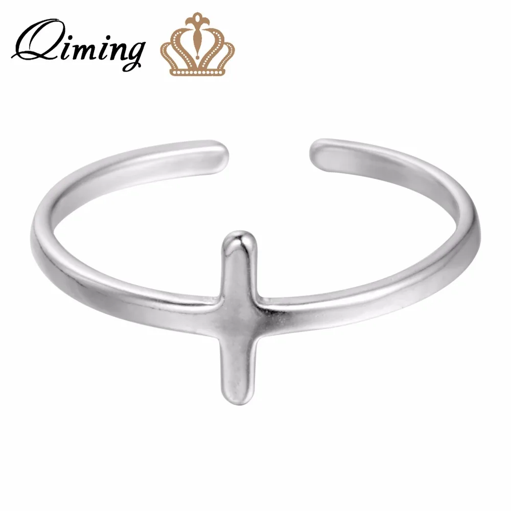 

QIMING Silver Jewelry Cross Rings Simple Style Men Ring Christian Jesus Women Vintage Rings for Girls Bague