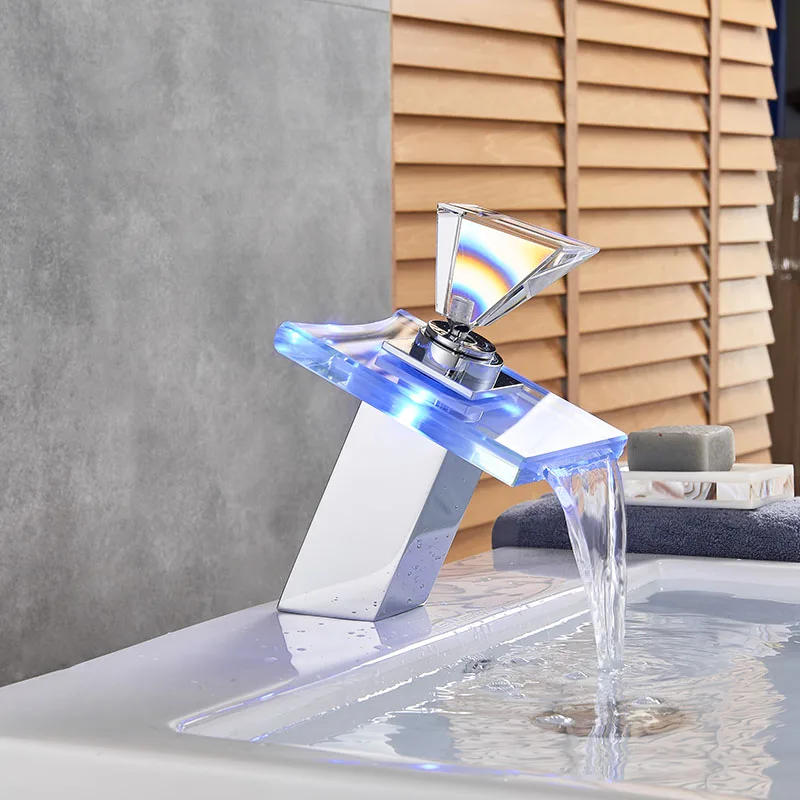 LED RGB цвета раковина кран на палубе крепление Водопад латунь ванная комната сосуд