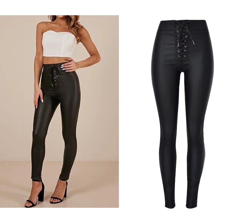 Women's high-waist slim body elastic metal open-hole binding belt elastic waist coating PU imitation leather jean small leg pants (1)