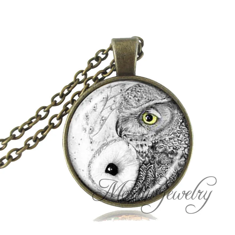 Image Owl Yin Yang Necklace Snowy Owl and Barn Owl Jewelry Bird Jewelry Zen Nature Art Pendant Glass Cabochon Choker Fashion Jewelry