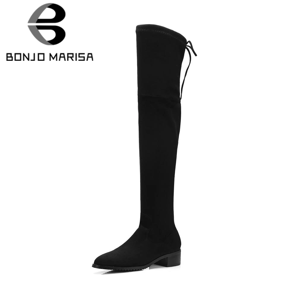 

BONJOMARISA Women Over Knee Boots Chunky Heel Platform Shoes Woman Autumn Winter Lace Up Faux Suede Slim Boots