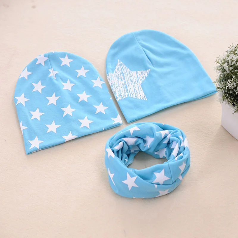 3Pcs/Set Cotton Baby Hat Scarf Autumn Winter Star Prints Children Scarf-Collar Beanie Baby Boy Girl Warm Cap Scarves