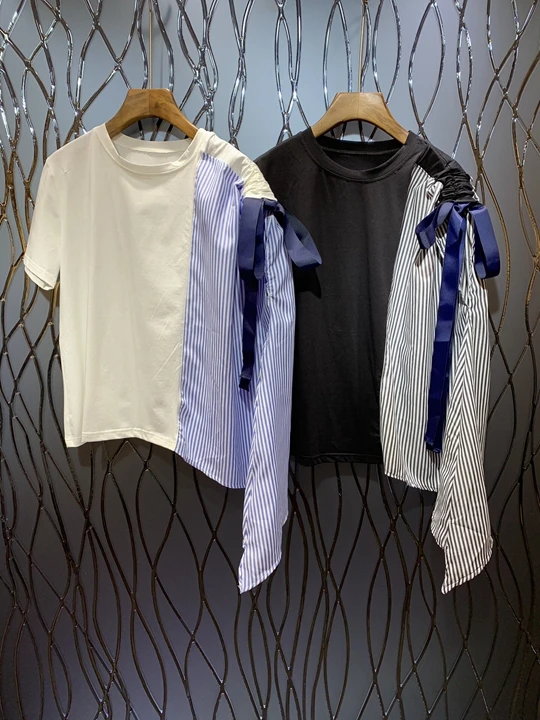

2019 New Summer Garment New Women's Wear Round Neck Irregular Single Side Colour Mosaic Stripe Bottom Jacket 521