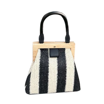 

Retro Woven Straw Bag Wooden Top Handle Clip Bag Buckle Women Shoulder Messenger Bag Clutch Purse Female Bag Lady Handbag