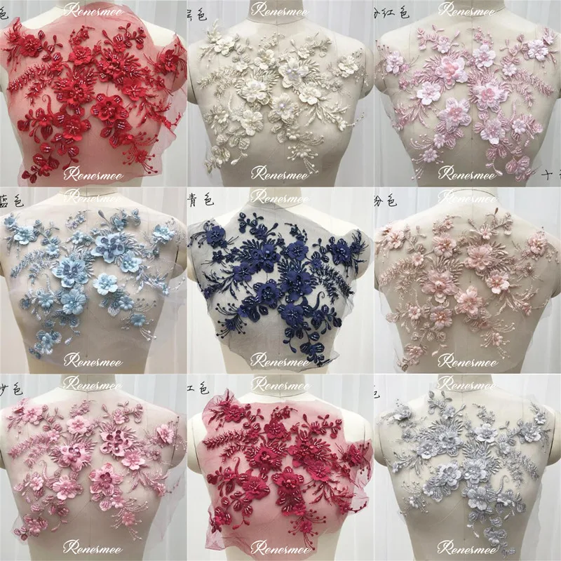 

1Pc Ivory/Pink/Burgundy/Red/Sky blue/Champagne/Navy/Gray/Camel Brown Flower Lace Beads Applique Trim Wedding Dress Sewing DIY