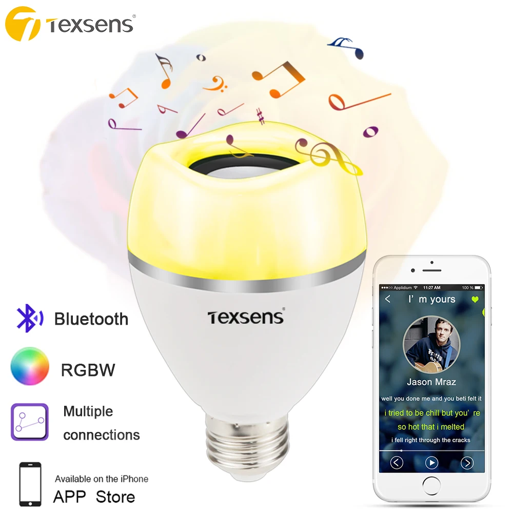 

Texsens Multiple Connected LED Music Bulbs 8W RGBW E27/E26 Wireless Bluetooth Speaker Bulb Music Playing APP Control