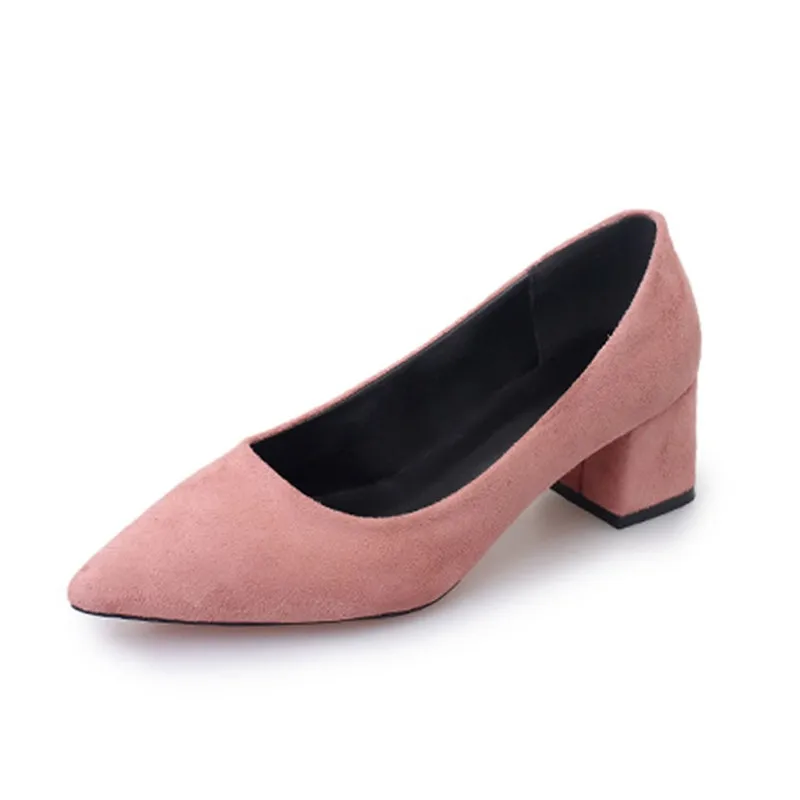 DRFARGO Women Worker Shoes 5cm Block Mid High Heels Classic Sexy Pointed Toe Flock Shallow Slip on Pink Red Black Grey SHOES
