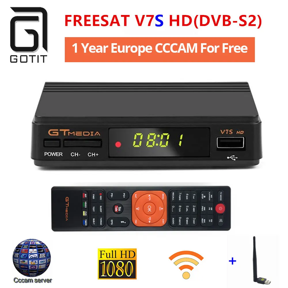 GT Media V7S CCcam+ 1 год Европа Испания CCcam Clines сервер+ 1 USB устройство Wi-Fi DVB-S2 спутниковый HD приемник новейшая версия V7