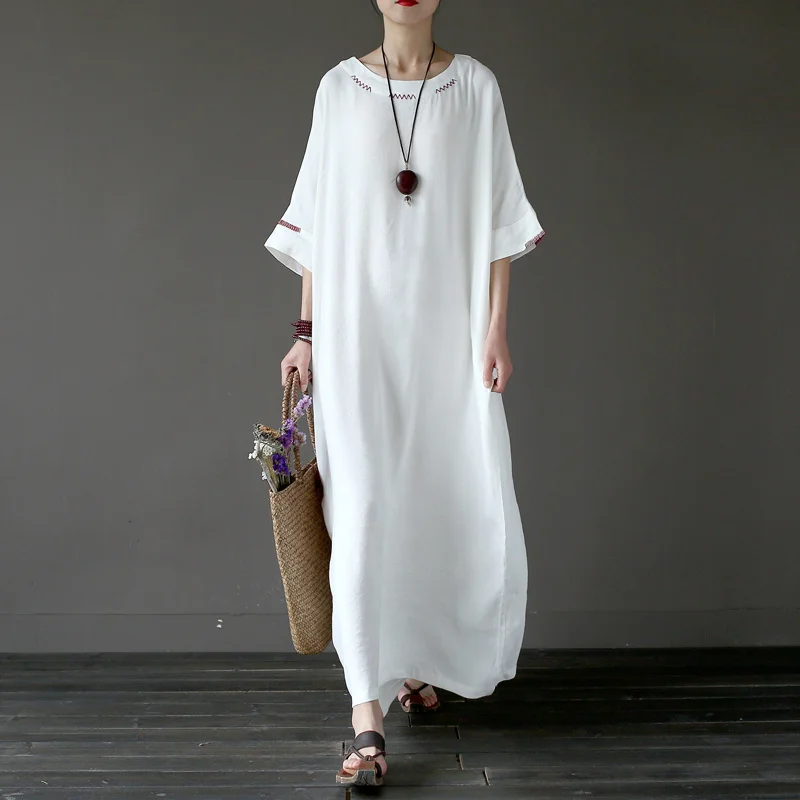 

Women Autumn Linen handmade Embroidered Loose Robes Dress Female Maxi Literary Gown White Dresses Ladies Plus size Dress