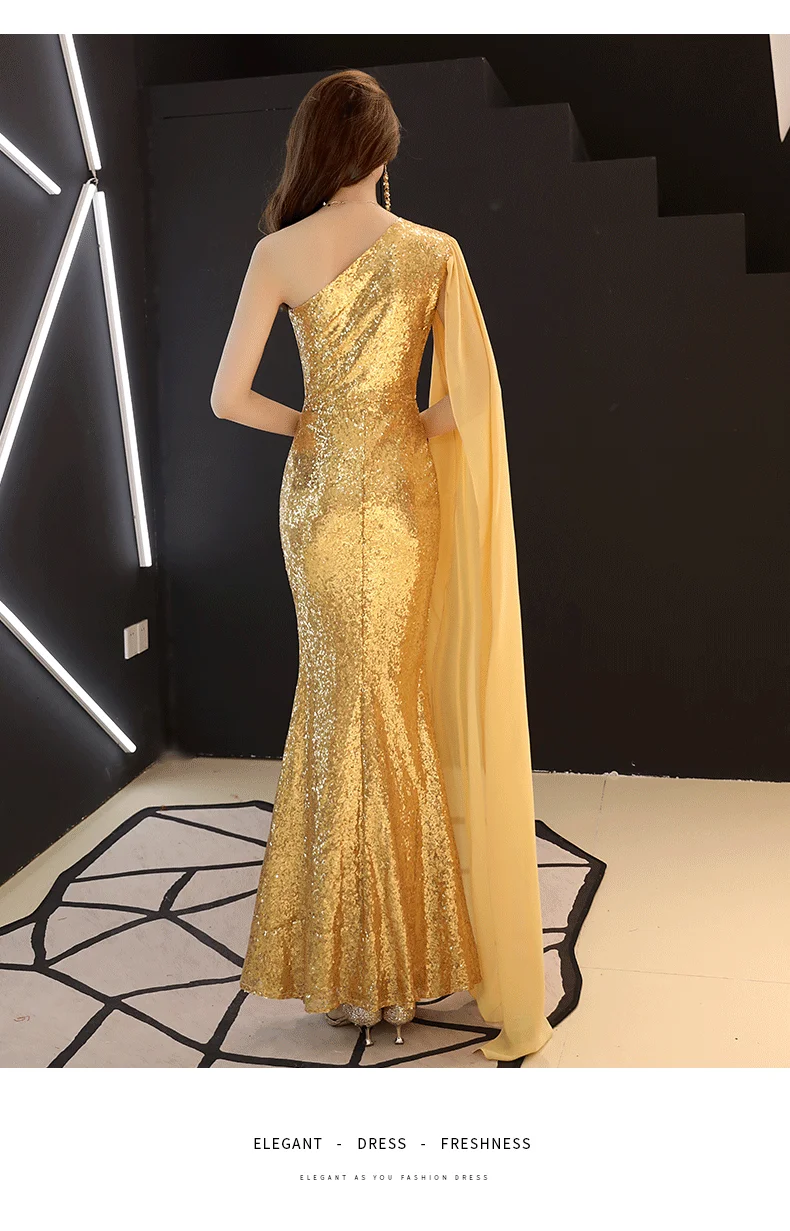 Золотистые Роскошные вечерние длинные золотистые платья элегантные женские длиной до пола тонкие блестками vestido Формальные специальные одно плечо платье