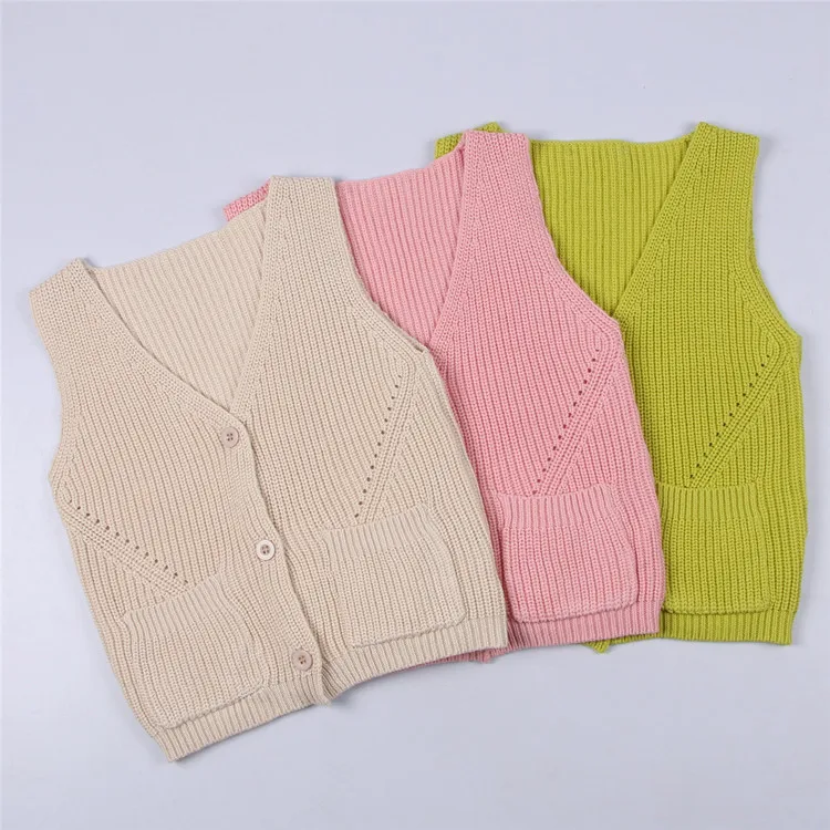 Spring Sleeveless Pockets V neck Kid Sweater Vests Tank Baby Boys Knit