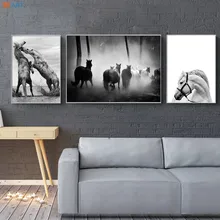 Arte de pared negro moderno y blanco caballos lienzo pintura carteles e impresiones cuadros de pared para sala de estar decoración nórdica hogar(China)