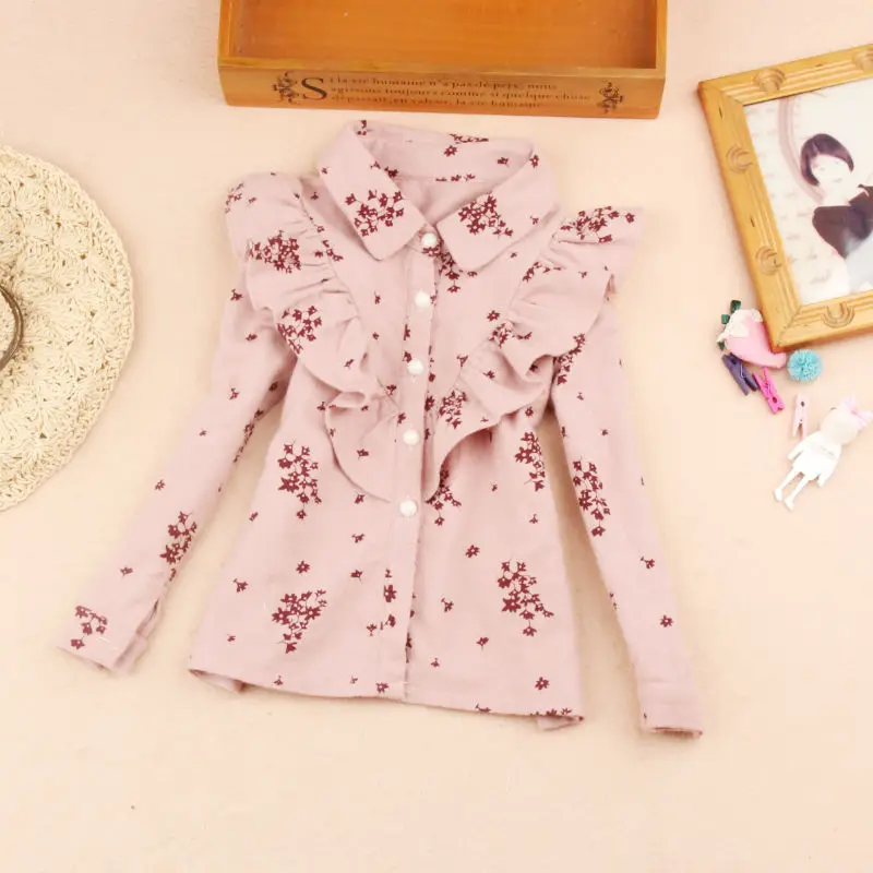  New Fall Cotton Dot Blouse Girl Teen Pink Long Sleeve Shirt Casual Cotton Kids Girls Clothes Autumn