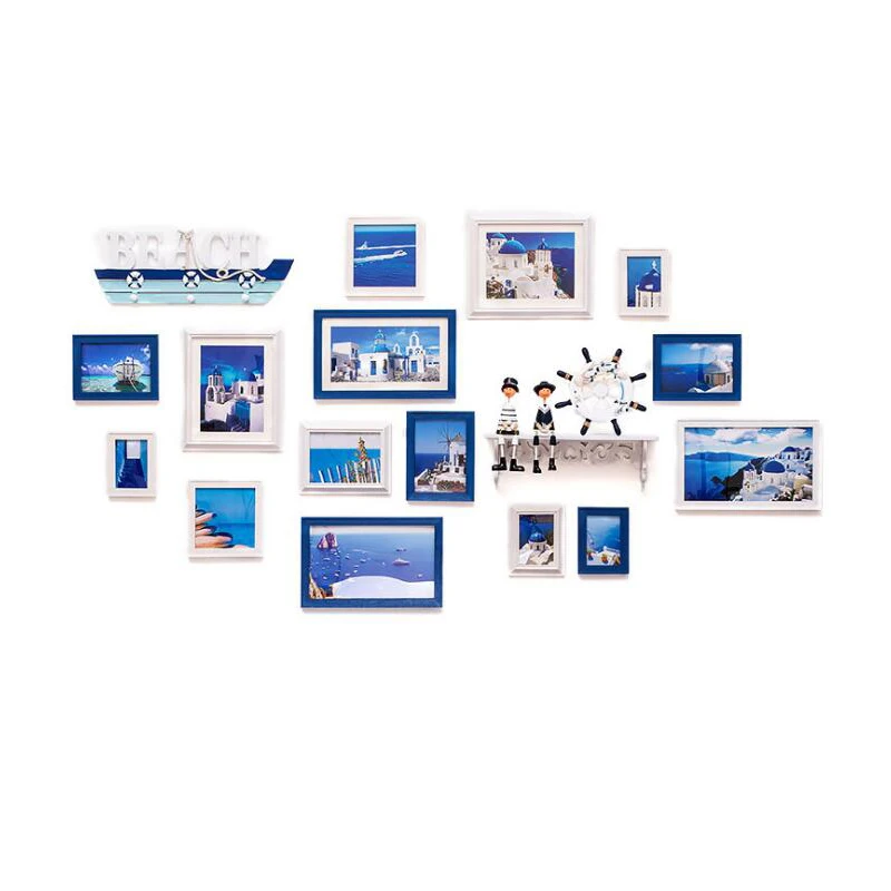 

17 Pcs Wall Wood Photo Frame Set with All Inner Pictures Mediterranean Living Room Modern Hanging Mural Wooden Picture Frame