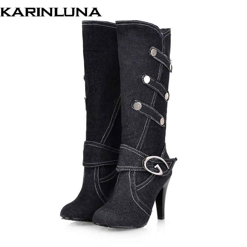 KARINLUNA 2018 wholesale large sizes 48 Women Knee High Boots High Heel Shoes Woman Denim Upper ...